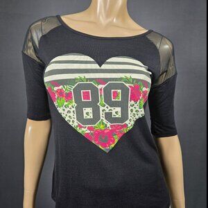 Y2K Graphic Top Shirt Mesh Sleeves Size M Black Heart Varsity Numbers Blokette